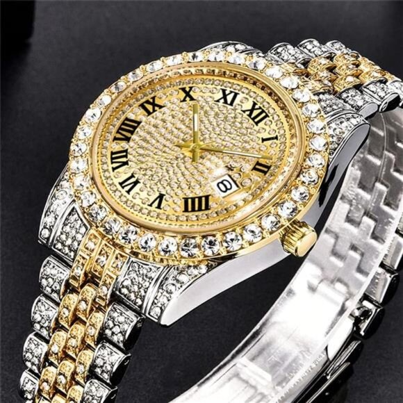 Hip Hop Watches for Men Iced-Out Bling Diamond Luxury Quartz Watches with Date - Picture 3 of 7